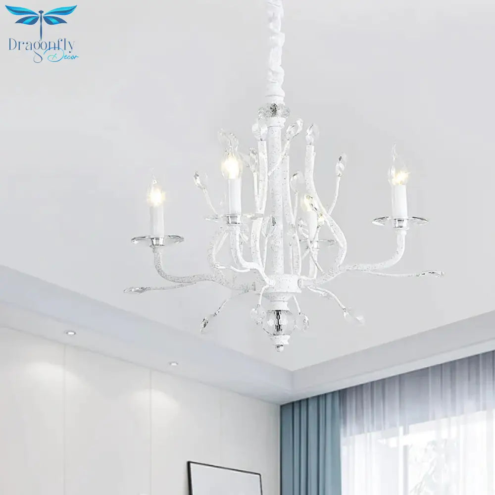 Rustic Candle Chandelier Lighting 4/6 Heads Clear K9 Crystal Suspension Light In White For Dining
