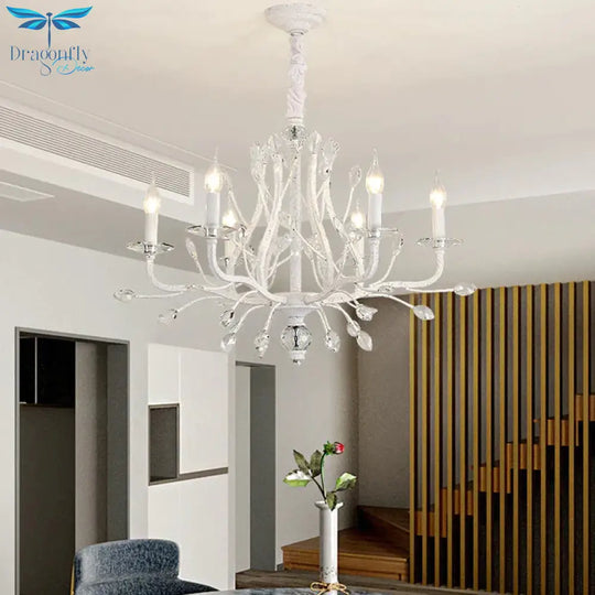 Rustic Candle Chandelier Lighting 4/6 Heads Clear K9 Crystal Suspension Light In White For Dining