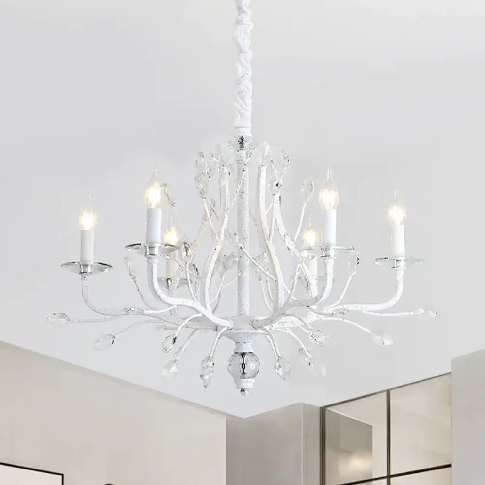 Rustic Candle Chandelier Lighting 4/6 Heads Clear K9 Crystal Suspension Light In White For Dining