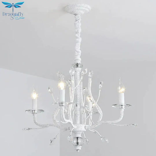 Rustic Candle Chandelier Lighting 4/6 Heads Clear K9 Crystal Suspension Light In White For Dining