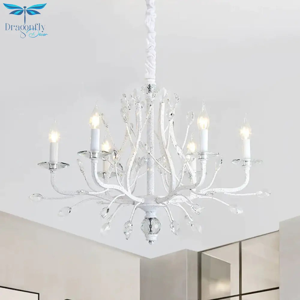 Rustic Candle Chandelier Lighting 4/6 Heads Clear K9 Crystal Suspension Light In White For Dining