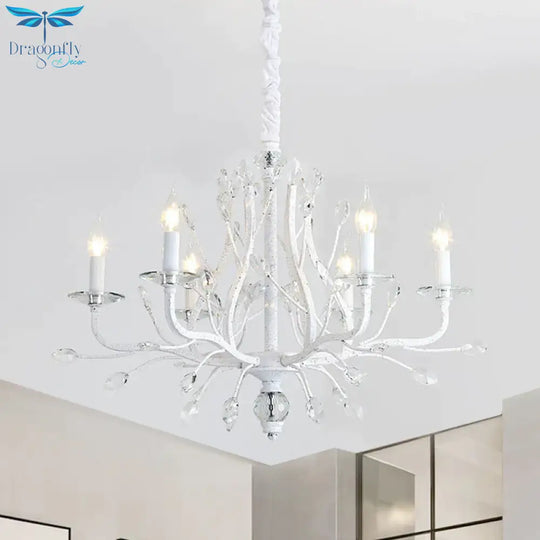 Rustic Candle Chandelier Lighting 4/6 Heads Clear K9 Crystal Suspension Light In White For Dining