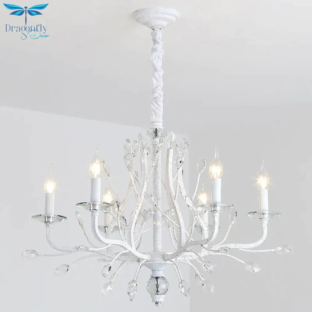 Rustic Candle Chandelier Lighting 4/6 Heads Clear K9 Crystal Suspension Light In White For Dining