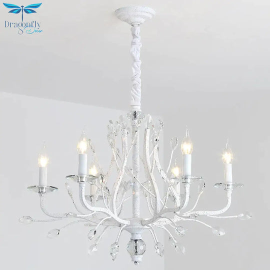 Rustic Candle Chandelier Lighting 4/6 Heads Clear K9 Crystal Suspension Light In White For Dining