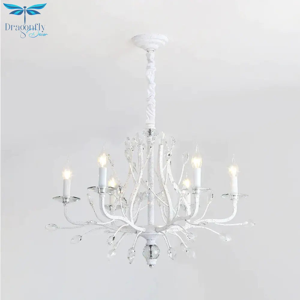 Rustic Candle Chandelier Lighting 4/6 Heads Clear K9 Crystal Suspension Light In White For Dining
