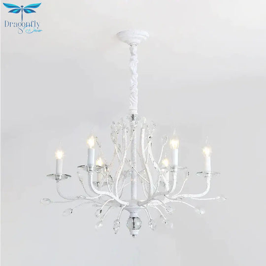 Rustic Candle Chandelier Lighting 4/6 Heads Clear K9 Crystal Suspension Light In White For Dining