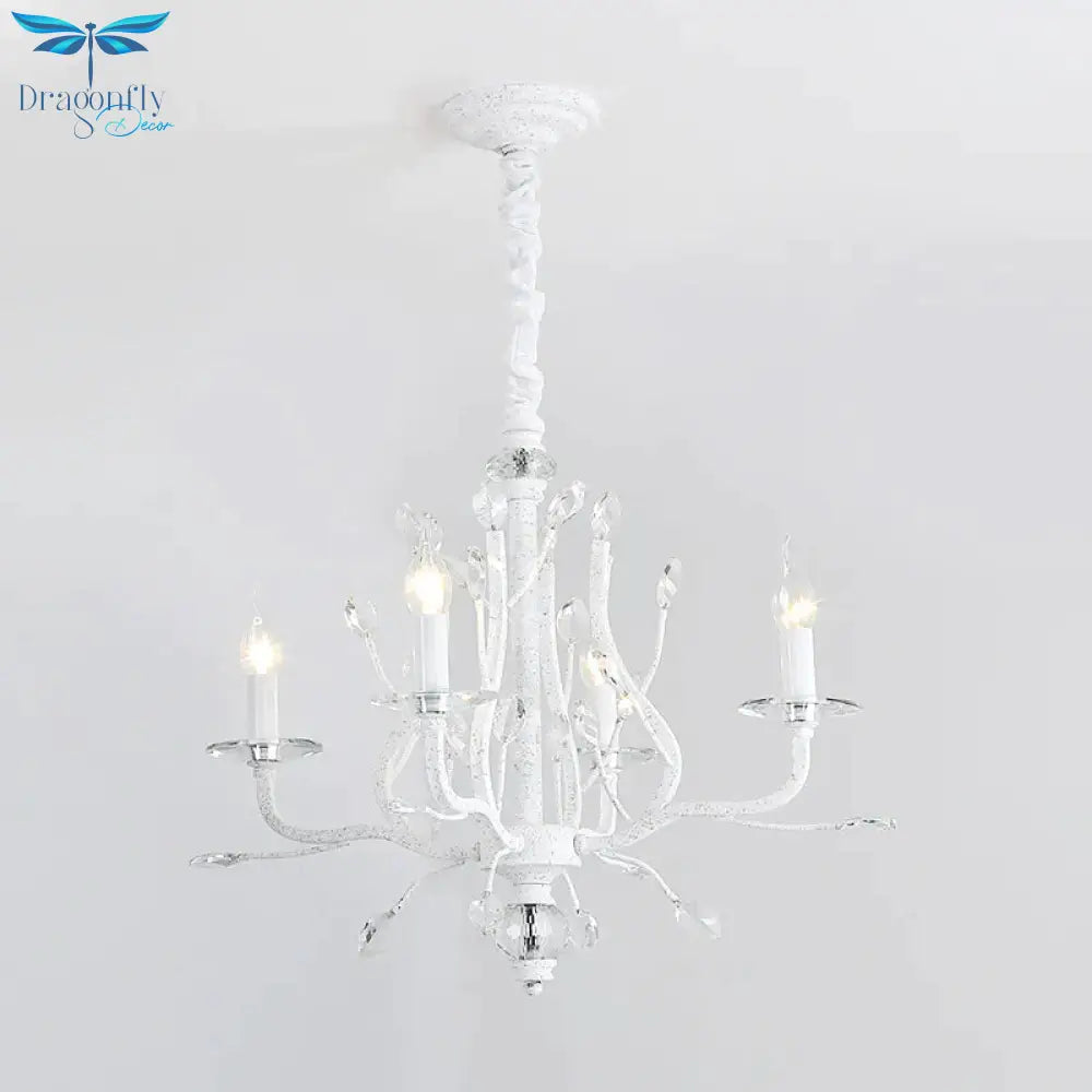 Rustic Candle Chandelier Lighting 4/6 Heads Clear K9 Crystal Suspension Light In White For Dining