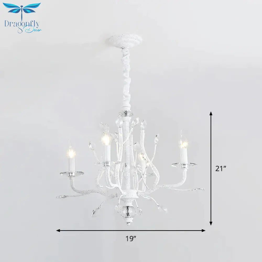 Rustic Candle Chandelier Lighting 4/6 Heads Clear K9 Crystal Suspension Light In White For Dining