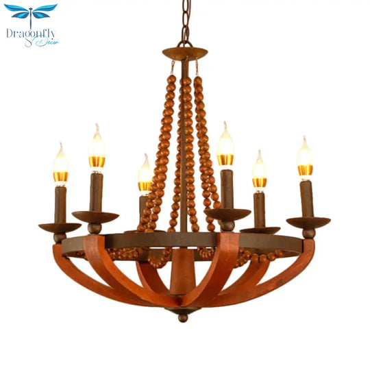 Rustic Candle Hanging Pendant 6 Lights Wooden Ceiling Chandelier In Red For Dining Room