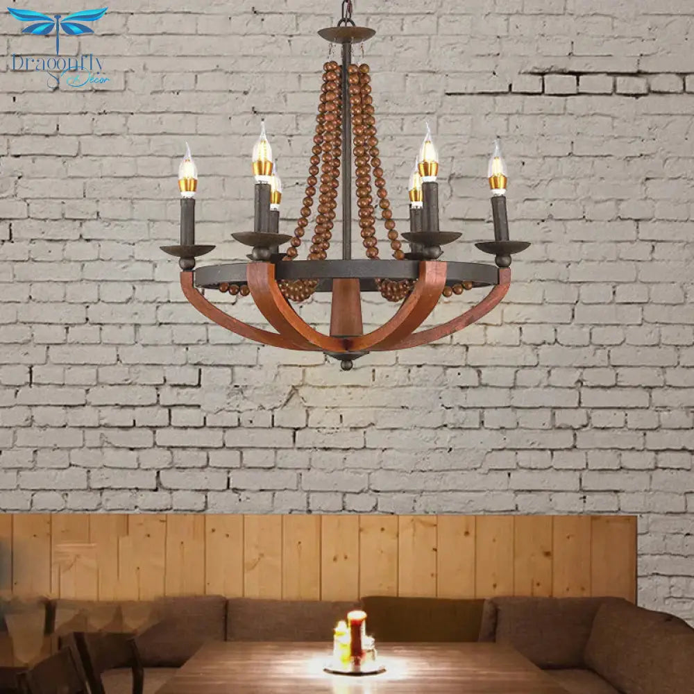 Rustic Candle Hanging Pendant 6 Lights Wooden Ceiling Chandelier In Red For Dining Room
