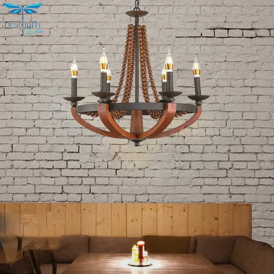 Rustic Candle Hanging Pendant 6 Lights Wooden Ceiling Chandelier In Red For Dining Room