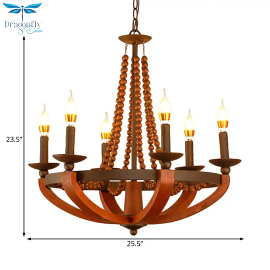 Rustic Candle Hanging Pendant 6 Lights Wooden Ceiling Chandelier In Red For Dining Room