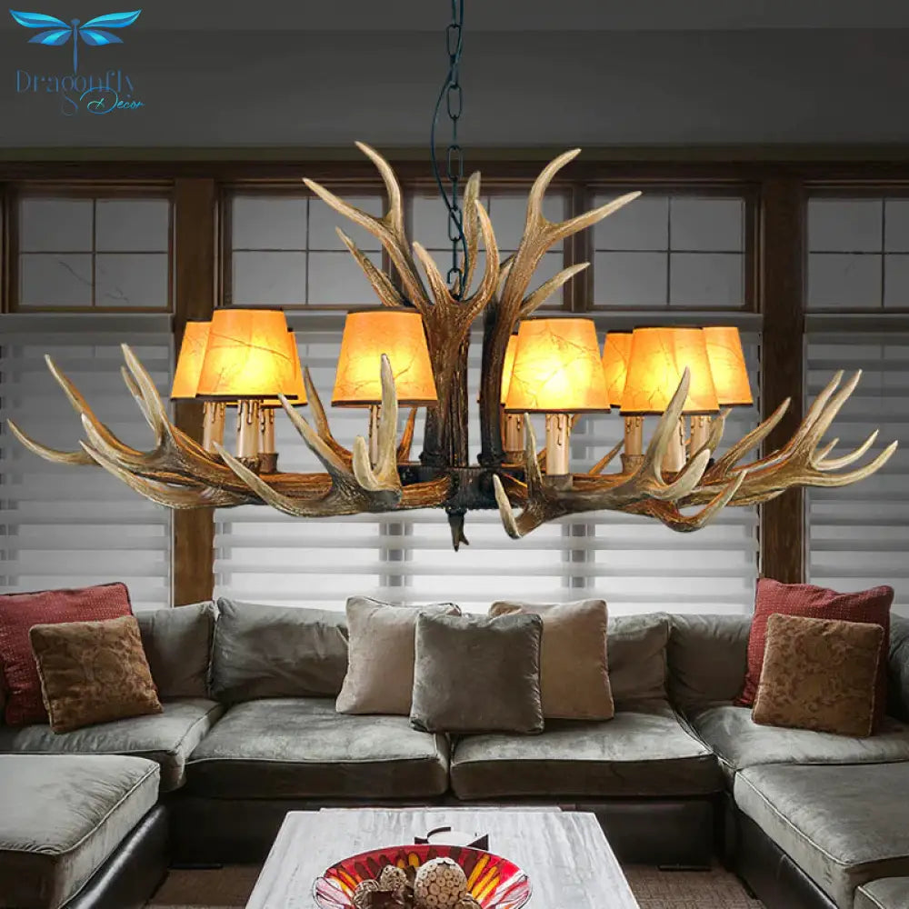 Rustic Conical Hanging Pendant 6/8/10 Lights Resin Ceiling Chandelier In Light Brown For Restaurant