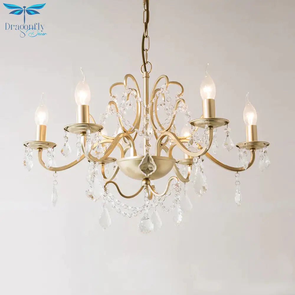 Rustic Curved Arm Chandelier Light Fixture 6/8 Lights Crystal Pendant Lighting In Gold For Bedroom