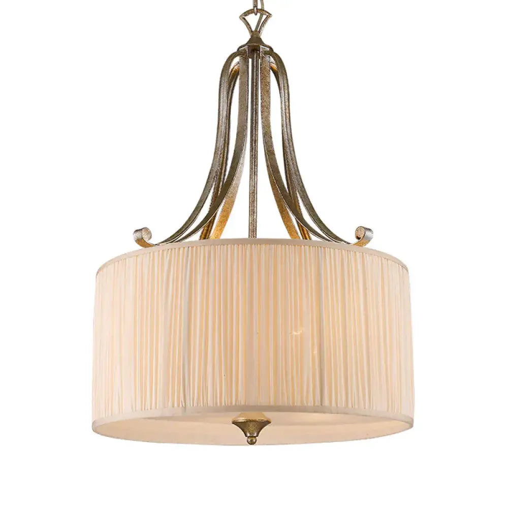 Rustic Drum Shade Chandelier Light Fixture 4 Heads Fabric Pendant Lighting In White For Living Room