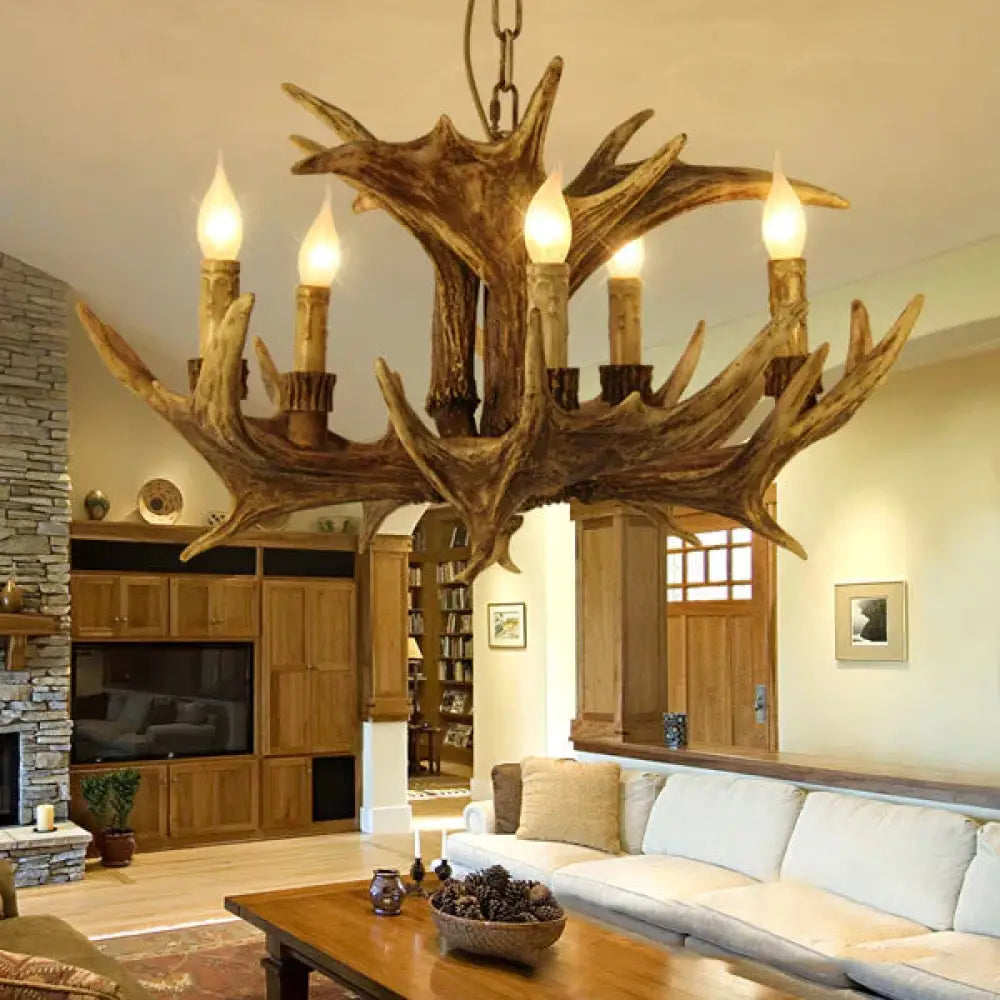 Rustic Faux Antler Ceiling Chandelier 5 Heads Resin Hanging Pendant Light In Brown For Living Room