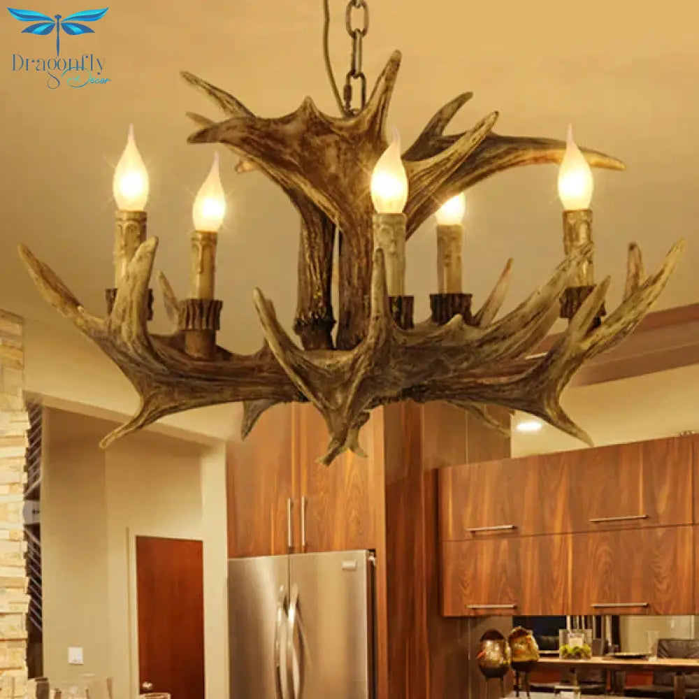 Rustic Faux Antler Ceiling Chandelier 5 Heads Resin Hanging Pendant Light In Brown For Living Room