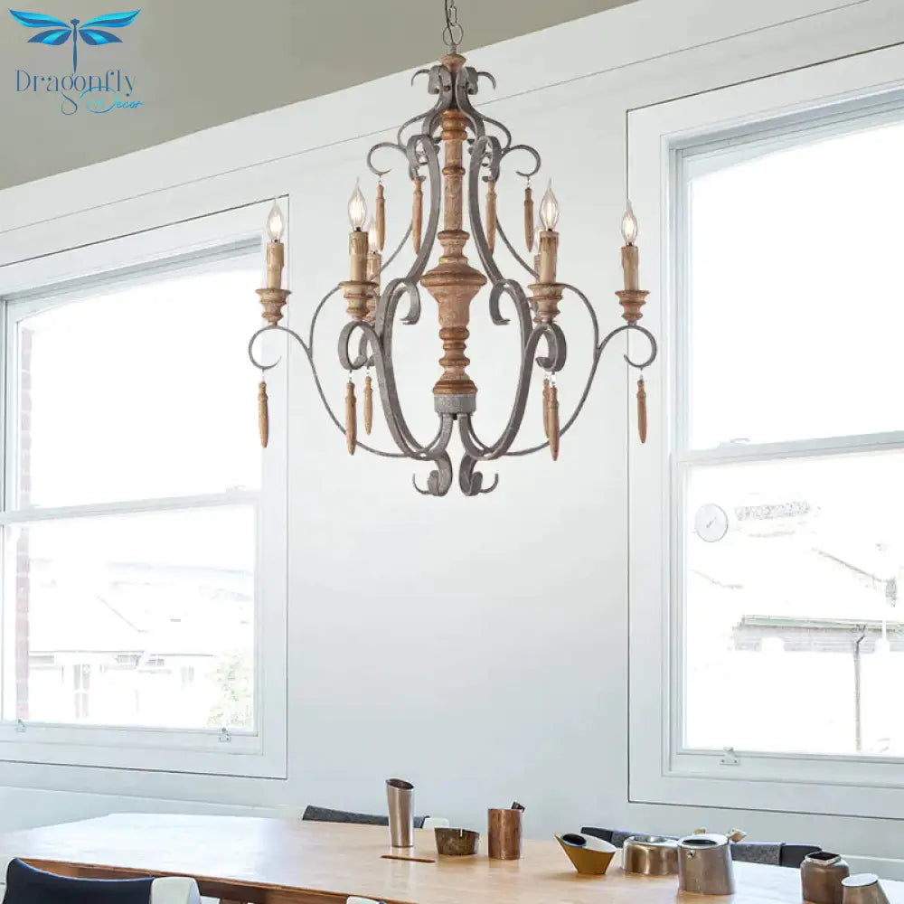 Rustic Jar Hanging Chandelier Metal 6 Bulbs Suspension Light In Grey For Dining Room