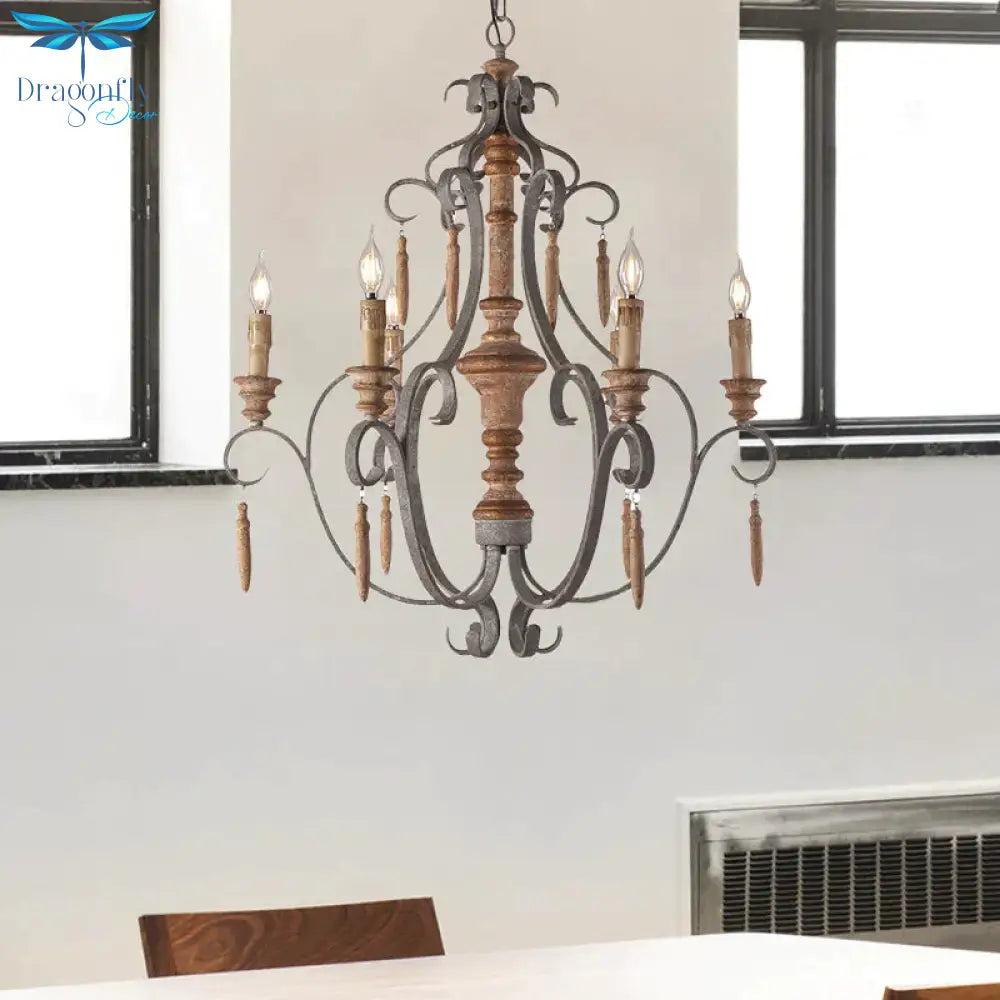 Rustic Jar Hanging Chandelier Metal 6 Bulbs Suspension Light In Grey For Dining Room