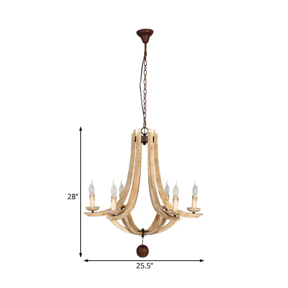 Rustic Laser - Cut Hanging Chandelier Wood 6 Bulbs Suspension Light In Beige For Bedroom
