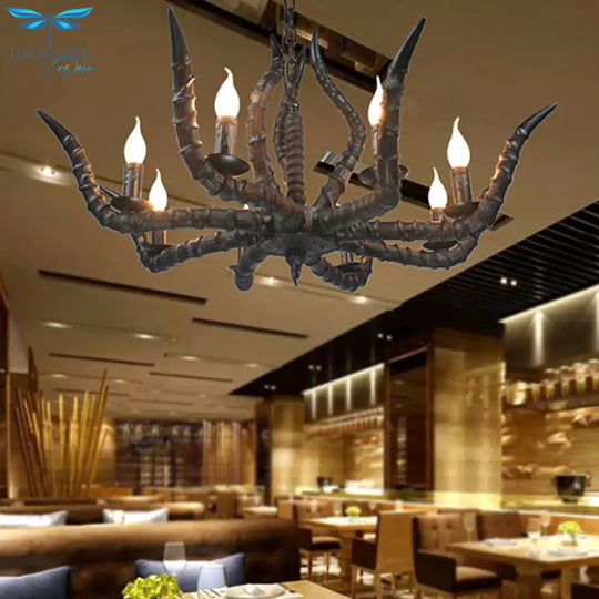 Rustic Sheep Horn Hanging Pendant 6 Lights Resin Ceiling Chandelier In Black For Restaurant