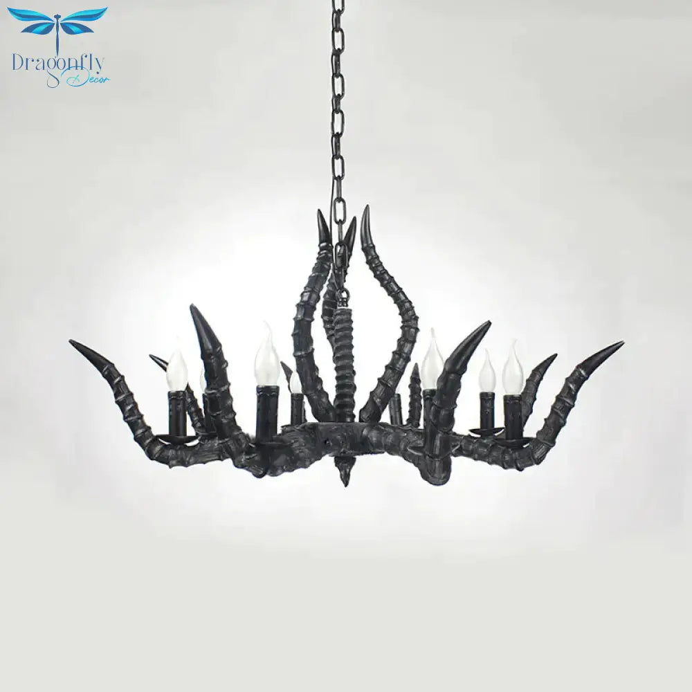 Rustic Sheep Horn Hanging Pendant 6 Lights Resin Ceiling Chandelier In Black For Restaurant