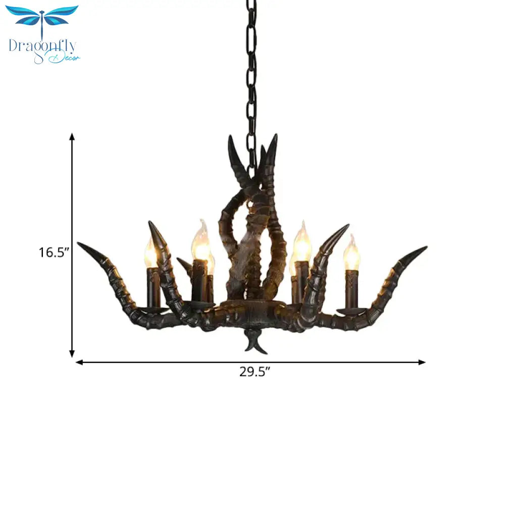 Rustic Sheep Horn Hanging Pendant 6 Lights Resin Ceiling Chandelier In Black For Restaurant