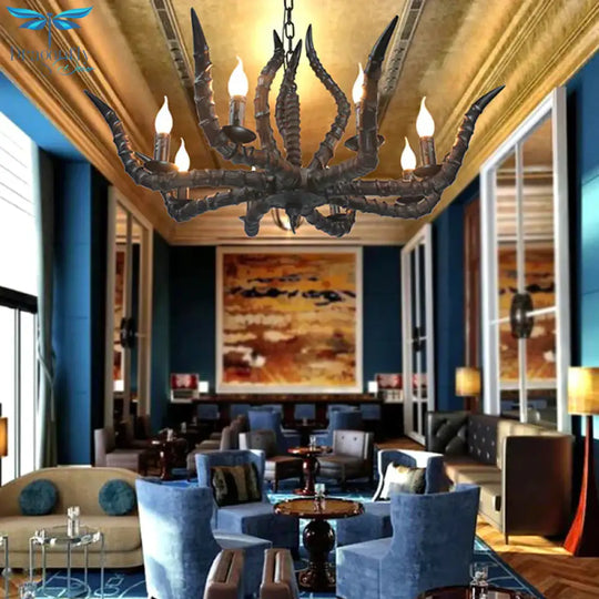 Rustic Sheep Horn Hanging Pendant 6 Lights Resin Ceiling Chandelier In Black For Restaurant
