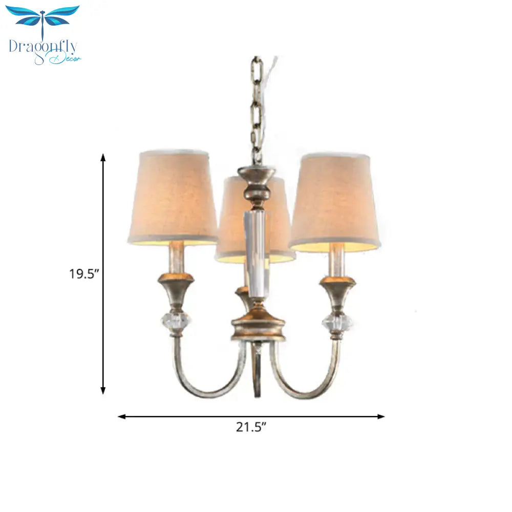 Rustic Tapered Ceiling Lamp 3/6 Lights Fabric Chandelier Light Fixture In Aged Silver For Living
