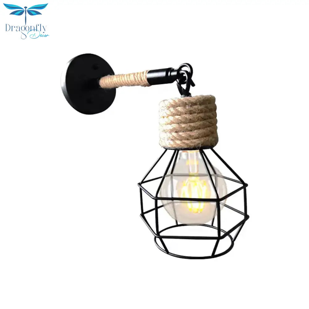 Rustic Wire Cage Adjustable Drop Pendant In Black - Brown Ceiling Hang Light With Rope Accent