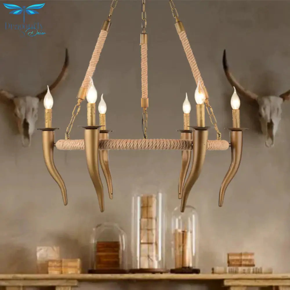 Rustic Wrapped Wagon Wheel Ceiling Pendant 3/6 - Light Khaki Metallic Chandelier Light With Ox Horn