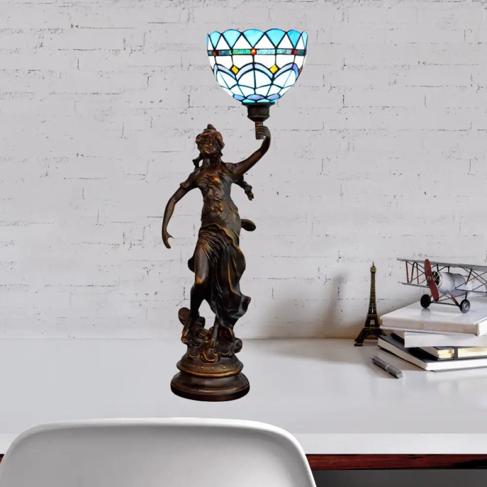 Ryleigh - Tiffany - Style Angel Girl Table Lamp: Single - Bulb Blue And White/Beige Blue - White
