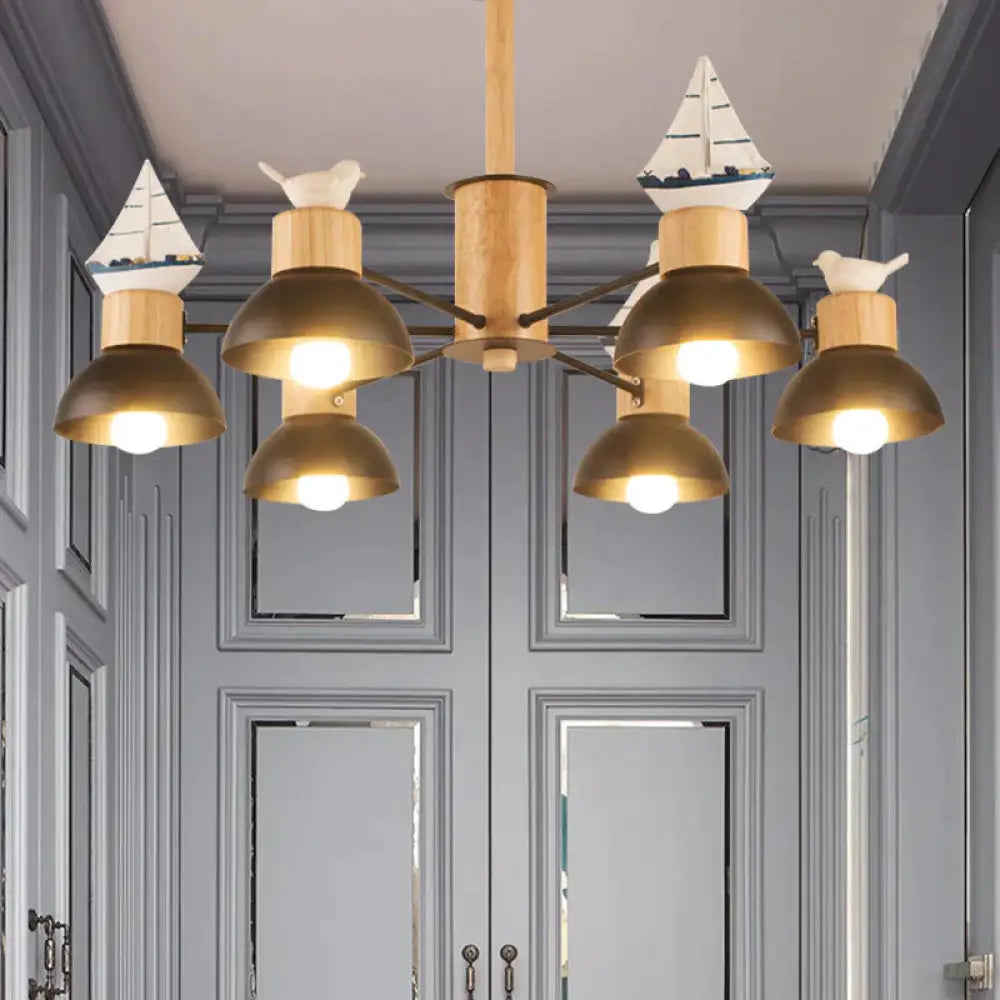 Sailing Boat Living Room Hanging Pendant Lights Wood Art Deco Chandelier 6 / Black