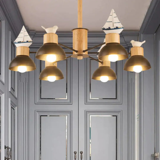 Sailing Boat Living Room Hanging Pendant Lights Wood Art Deco Chandelier 6 / Black