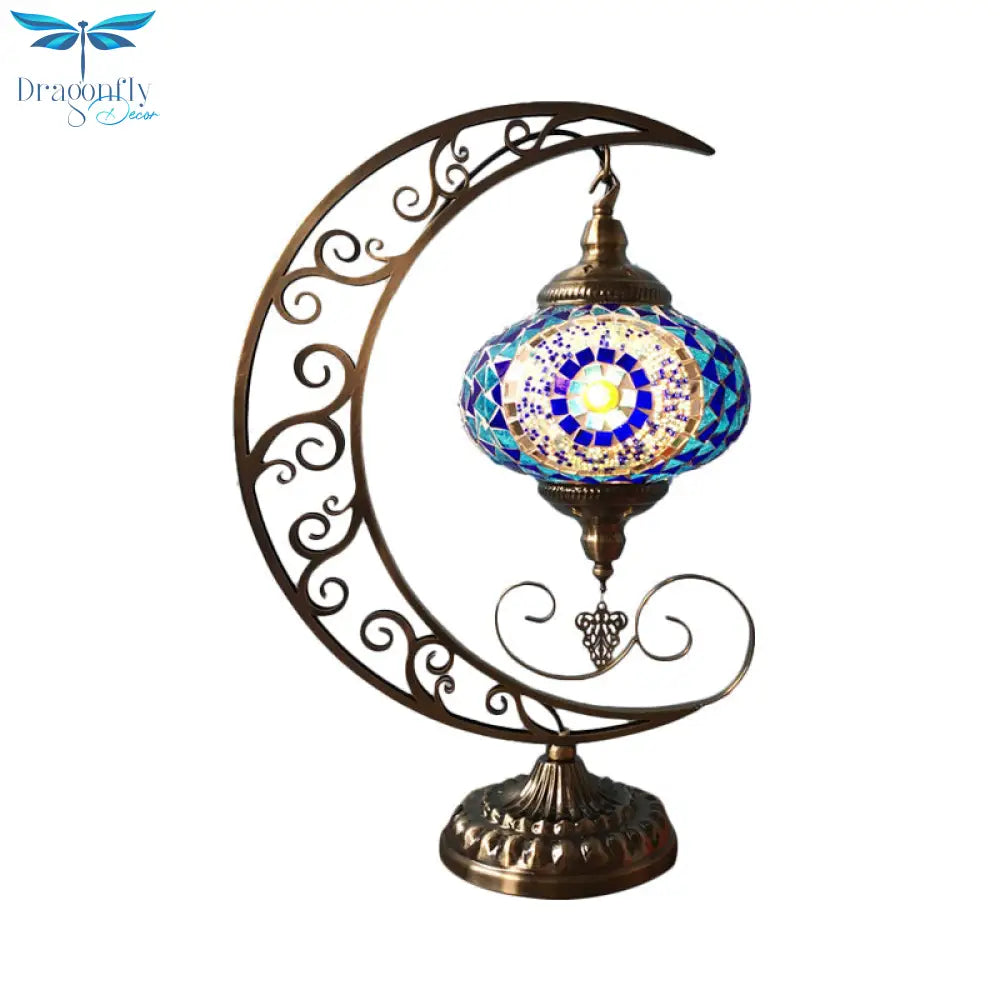 Sarir - Blue Oval Table Light Decorative Stained Glass 1 Bulb Bedroom Night Lamp With Moon Shape Arm
