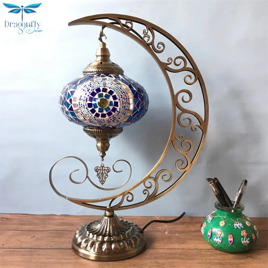 Sarir - Blue Oval Table Light Decorative Stained Glass 1 Bulb Bedroom Night Lamp With Moon Shape Arm