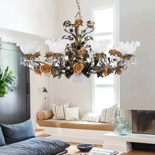Scalloped Bedroom Ceiling Chandelier American Flower Metal 6/7/9 Heads Bronze Hanging Light Fixture