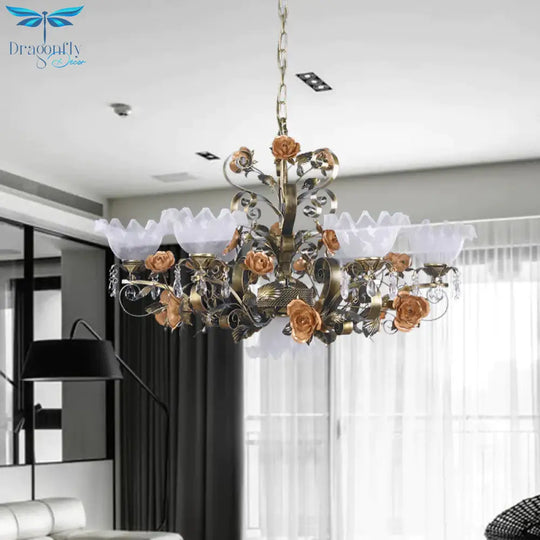 Scalloped Bedroom Ceiling Chandelier American Flower Metal 6/7/9 Heads Bronze Hanging Light Fixture