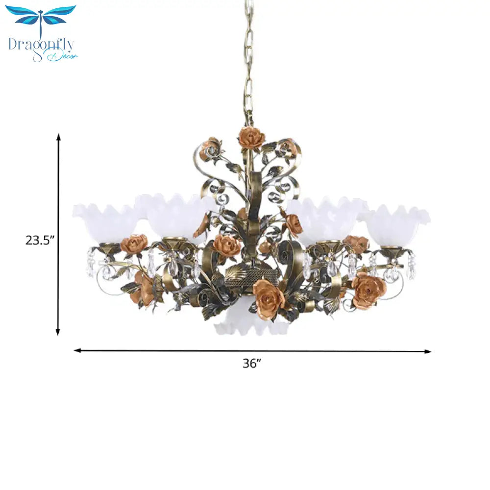 Scalloped Bedroom Ceiling Chandelier American Flower Metal 6/7/9 Heads Bronze Hanging Light Fixture