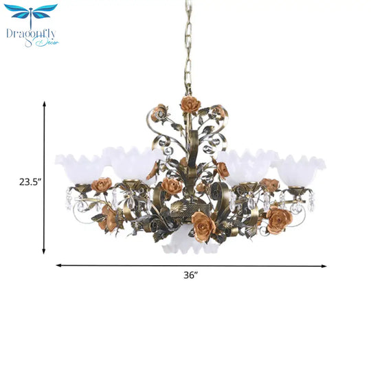 Scalloped Bedroom Ceiling Chandelier American Flower Metal 6/7/9 Heads Bronze Hanging Light Fixture