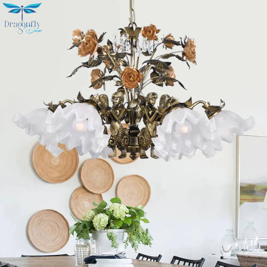 Scalloped Bedroom Ceiling Chandelier American Flower Metal 6/7/9 Heads Bronze Hanging Light Fixture