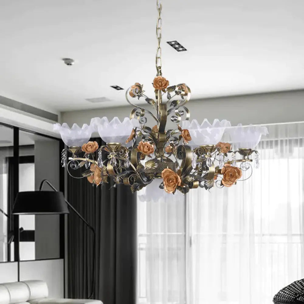 Scalloped Bedroom Ceiling Chandelier American Flower Metal 6/7/9 Heads Bronze Hanging Light Fixture