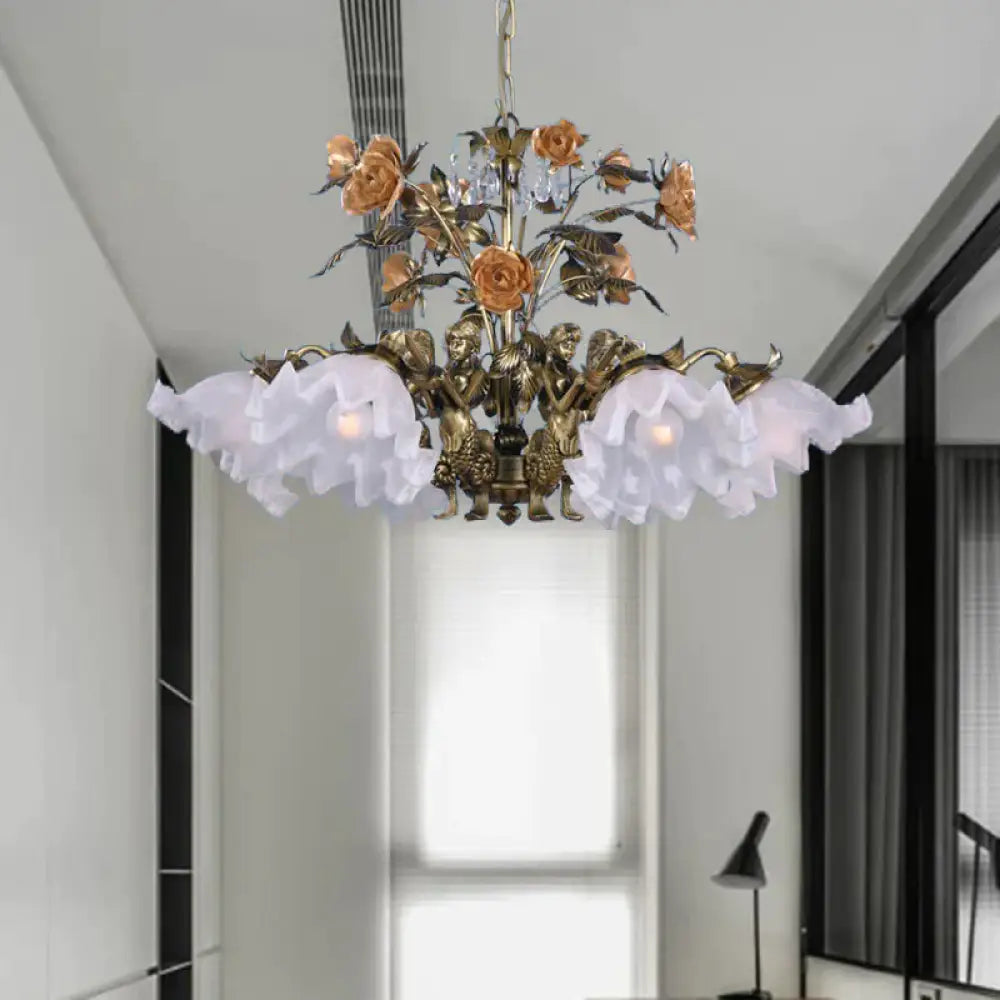 Scalloped Bedroom Ceiling Chandelier American Flower Metal 6/7/9 Heads Bronze Hanging Light Fixture