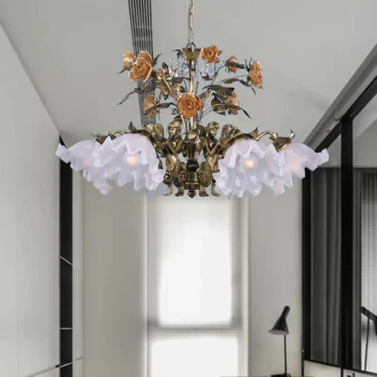 Scalloped Bedroom Ceiling Chandelier American Flower Metal 6/7/9 Heads Bronze Hanging Light Fixture