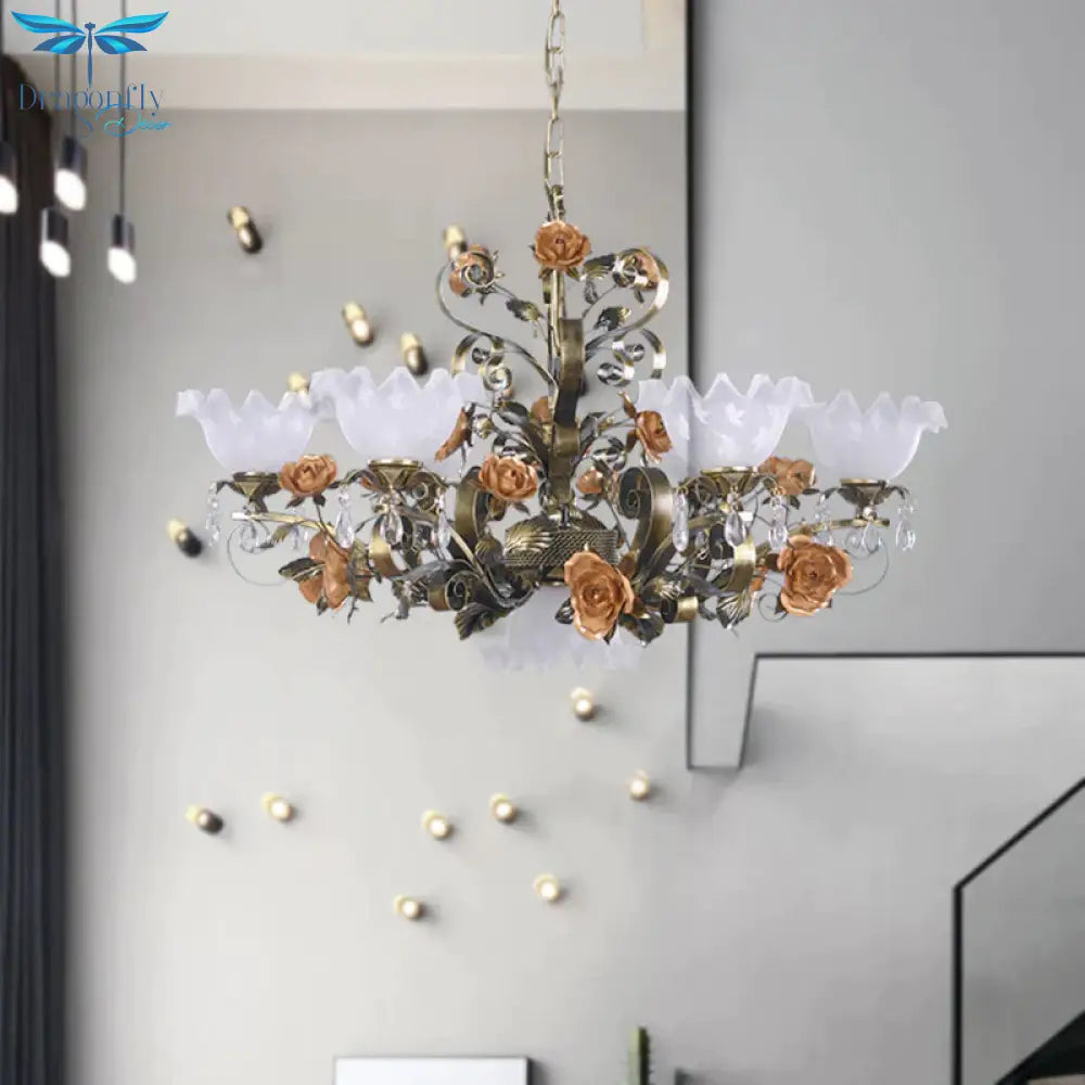 Scalloped Bedroom Ceiling Chandelier American Flower Metal 6/7/9 Heads Bronze Hanging Light Fixture