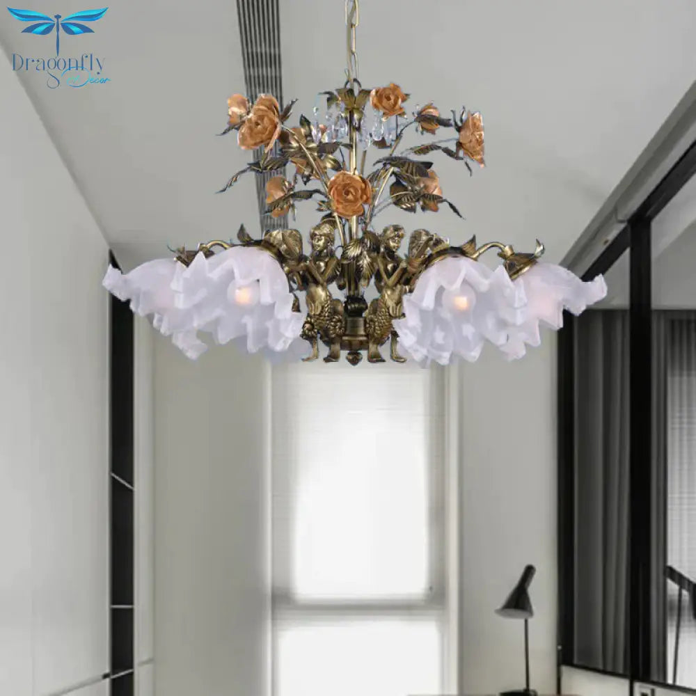 Scalloped Bedroom Ceiling Chandelier American Flower Metal 6/7/9 Heads Bronze Hanging Light Fixture