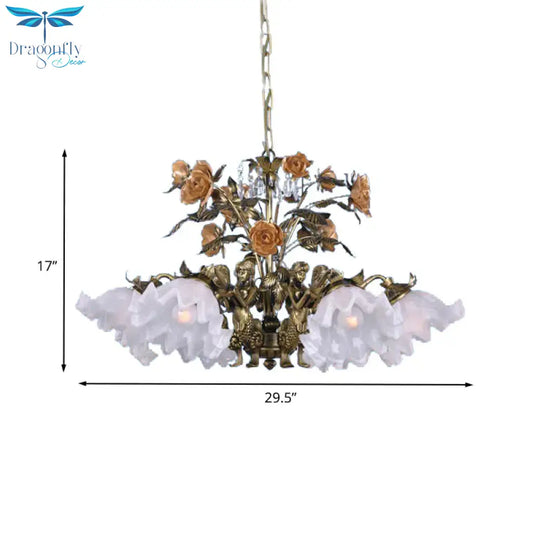 Scalloped Bedroom Ceiling Chandelier American Flower Metal 6/7/9 Heads Bronze Hanging Light Fixture