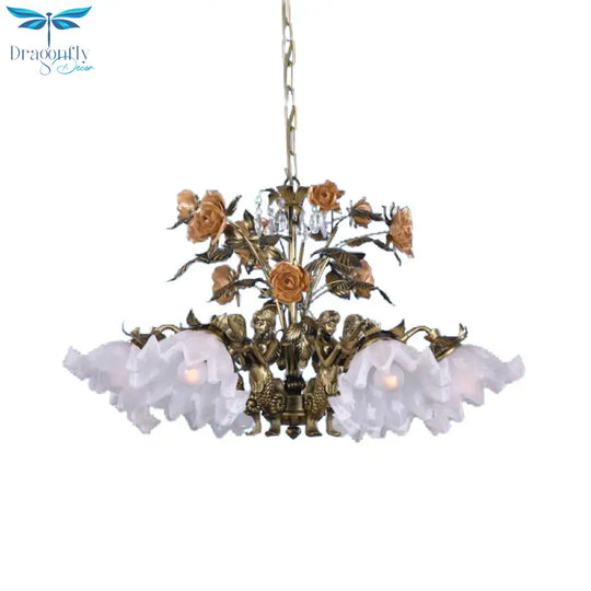 Scalloped Bedroom Ceiling Chandelier American Flower Metal 6/7/9 Heads Bronze Hanging Light Fixture