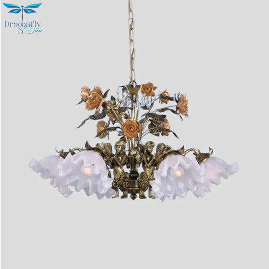 Scalloped Bedroom Ceiling Chandelier American Flower Metal 6/7/9 Heads Bronze Hanging Light Fixture