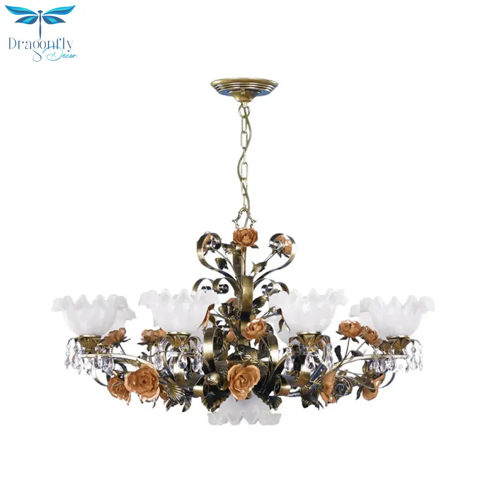 Scalloped Bedroom Ceiling Chandelier American Flower Metal 6/7/9 Heads Bronze Hanging Light Fixture